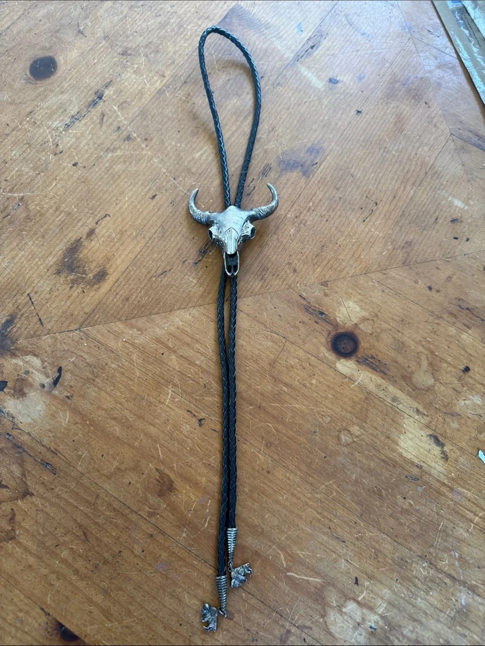 Vintage R. Sereno Sterling Silver Buffalo Skull Bolo Tie Western Leather  925